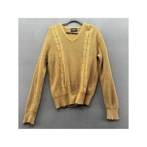 VTG Campus Sweater Mens Sz L V-Neck Cable Knit Tan Mustard Yellow